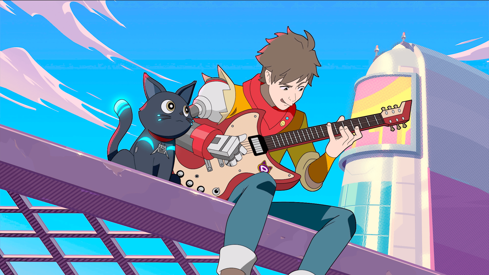 chai playing guitar in hi-fi rush with 808 the robot cat